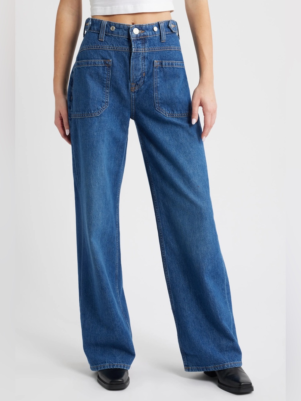 Free People Palmer Wide Leg Patch Pocket Blue Jeans